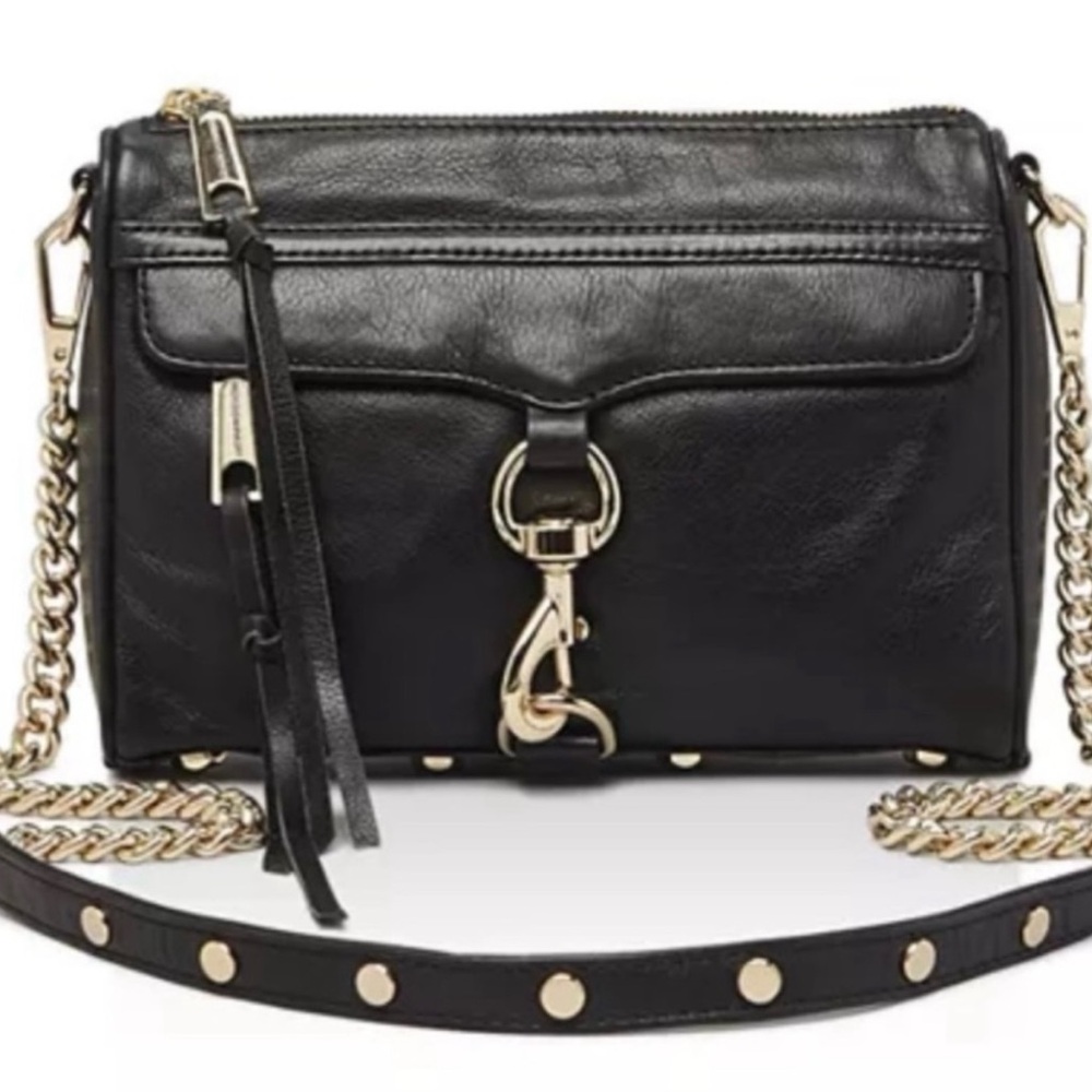 Rebecca Minkoff Black Mini Mac Leather Gold hardware Crossbody Bag.